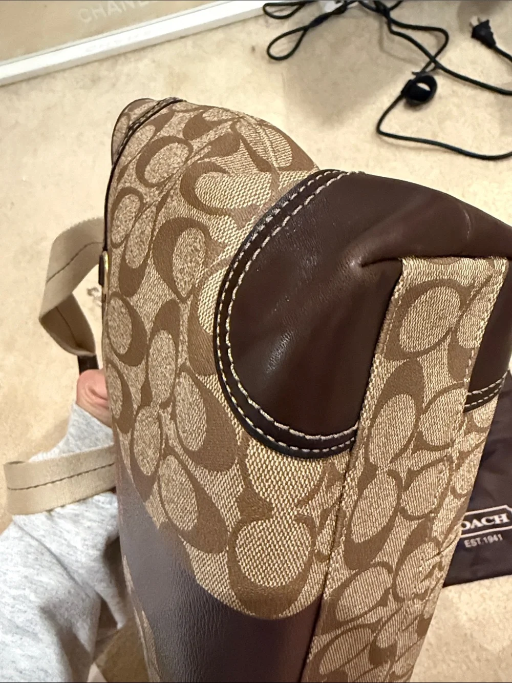 COACH Brown Signature Canvas Tote with Red Logo Accent - Picture 5 of 8